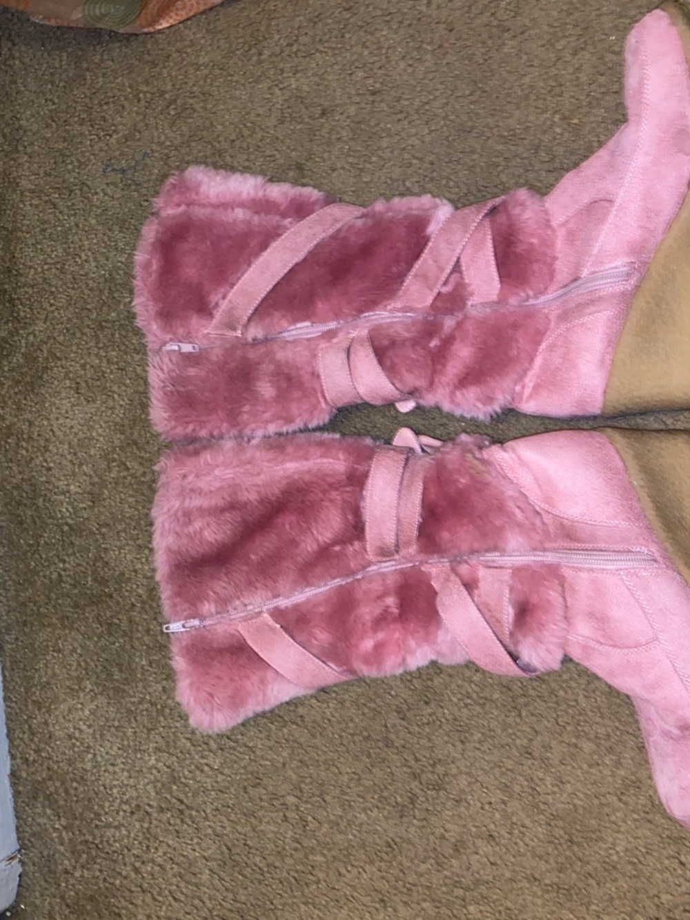 Pink Faux Fur Zip strap buckled boots